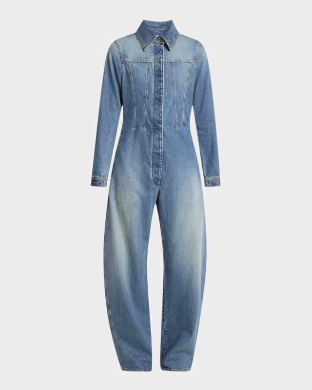 Long-Sleeve Barrel Wide-Leg Denim Jumpsuit